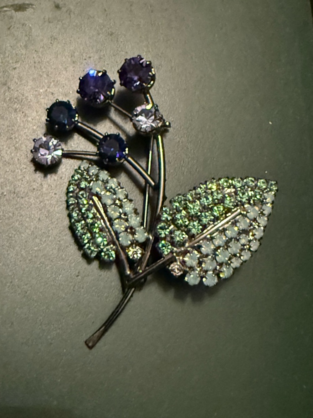 Vintage brooch Crystal Leaf Bouquet Brooch - Green & Purple